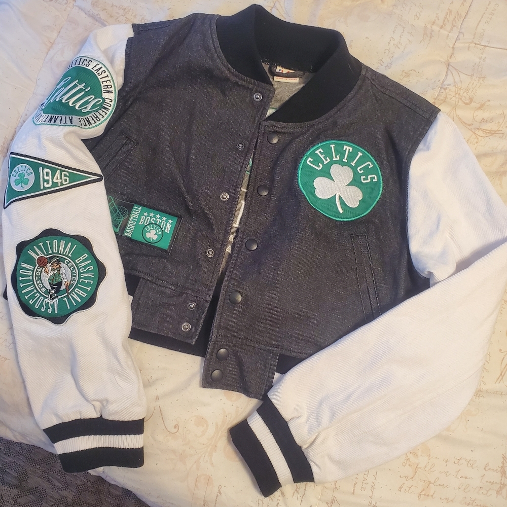 Denim Cropped Boston Celtics Varsity Jacket